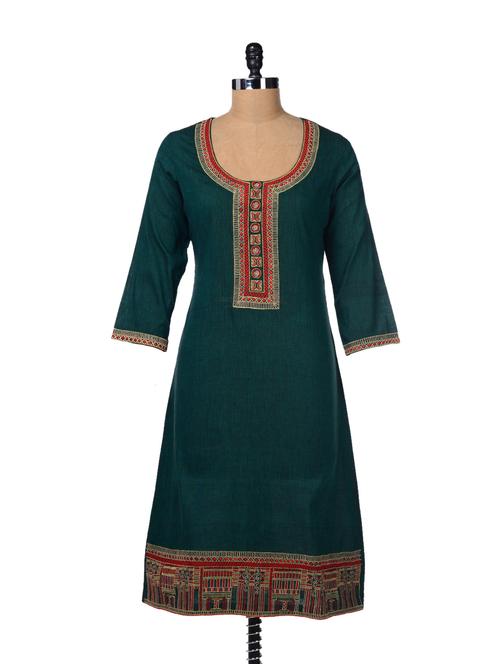 green cotton blend a-line kurta - 29267 - Very Small Image - 1