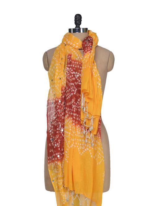 Yellow & Maroon Jaipuri Bandhej Dupatta - 56535 - Very Small Image - 1