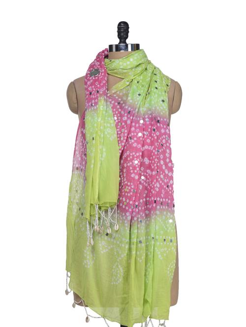 Ethnic Green & Pink Jaipuri Bandhej Dupatta - 56538 - Very Small Image - 1