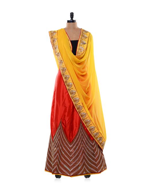 jacqueline lehenga in bold yellow-red - 58577 - Very Small Image - 1