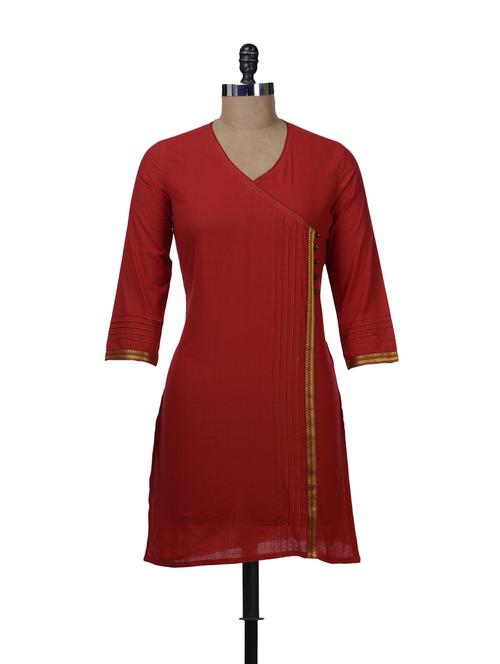 Red cotton blend straight Kurta - 59288 - Very Small Image - 1
