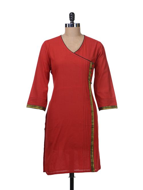 red cotton blend straight kurta - 59301 - Very Small Image - 1