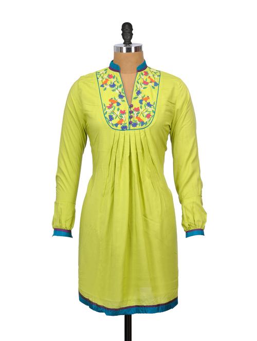 lime green kurti with embroidered yoke - 63647 - Very Small Image - 1