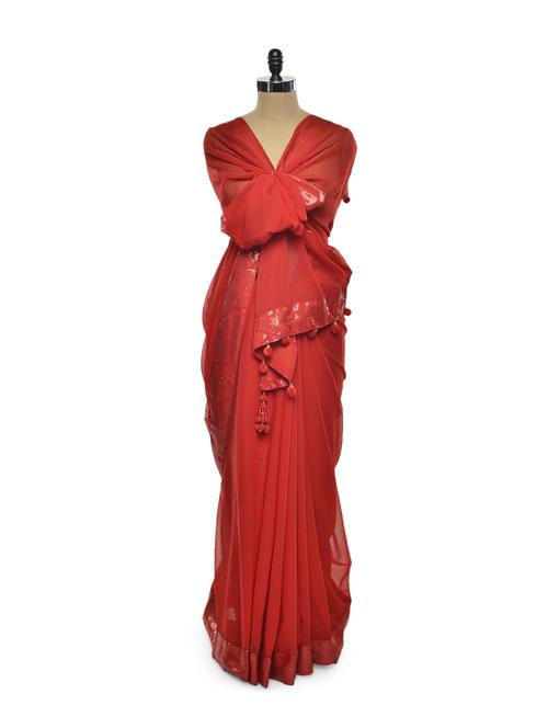 red rouge chiffon saree - 66774 - Very Small Image - 1