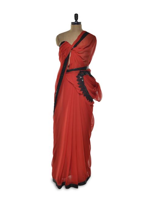 red blush bordered saree - 66778 - Very Small Image - 1