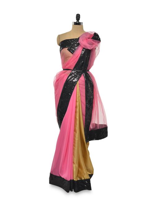 fuchsia net saree with glamorous gold pleats - 71895 - Very Small Image - 1
