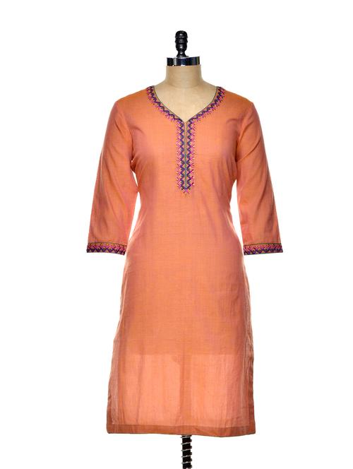 orange cotton blend straight kurta - 74549 - Very Small Image - 1