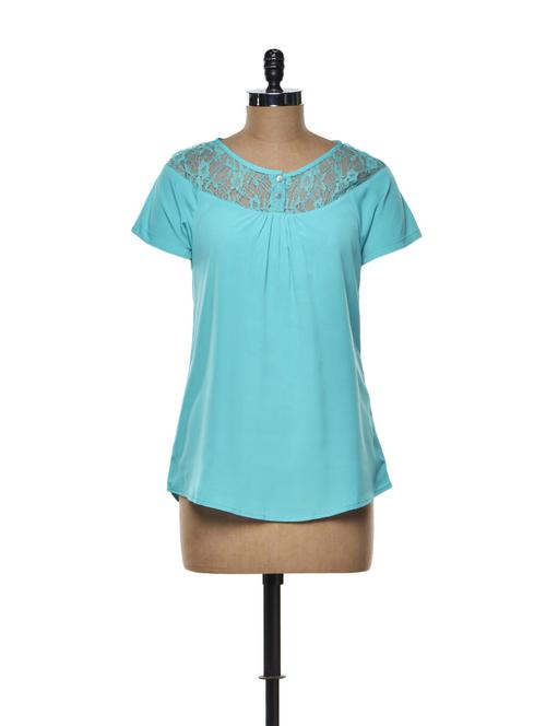 turquoise top with buttoned lace yoke - 74909 - Very Small Image - 1