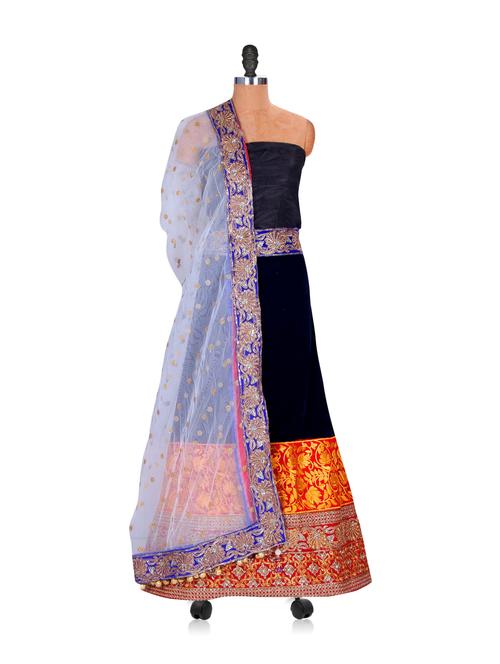 Navy Blue Velvet Lehenga - 76198 - Very Small Image - 1