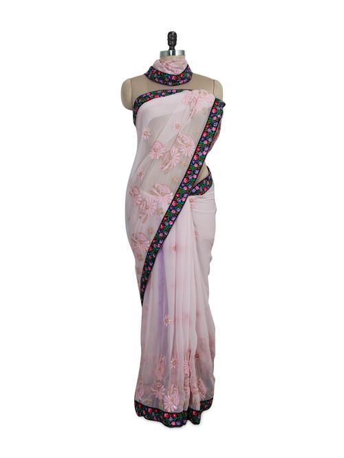 Pink faux georgette embroidered saree - 81040 - Very Small Image - 1