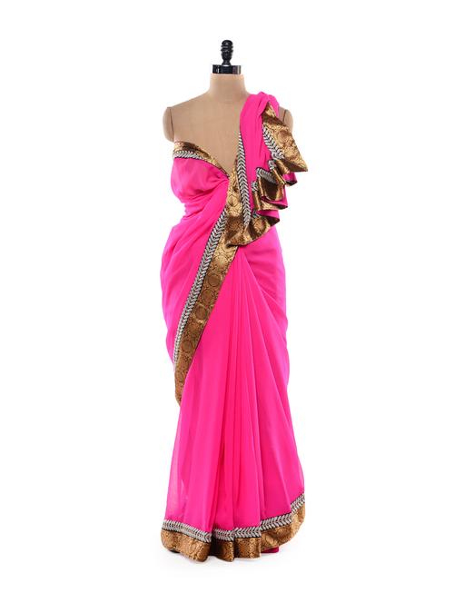 Pink Saree with Zari Border - 81097 - Very Small Image - 1