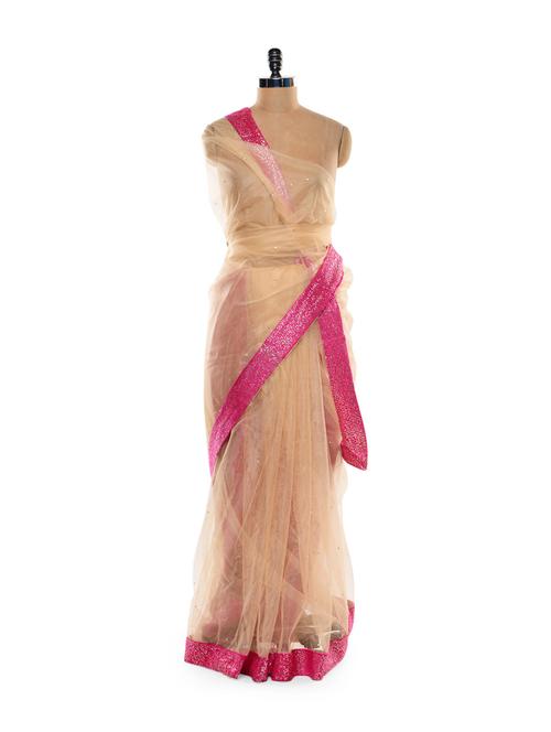 Cream and Pink Net Saree - 81113 - Very Small Image - 1