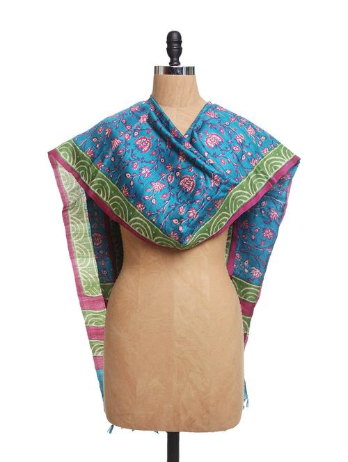 blue and green block printed tussar silk dupatta - 83846 - Very Small Image - 1