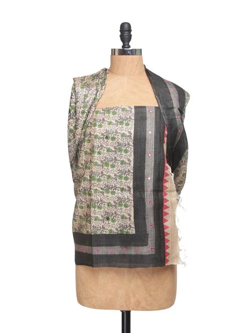 block printed tussar silk dupatta with mirror work - 83848 - Very Small Image - 1