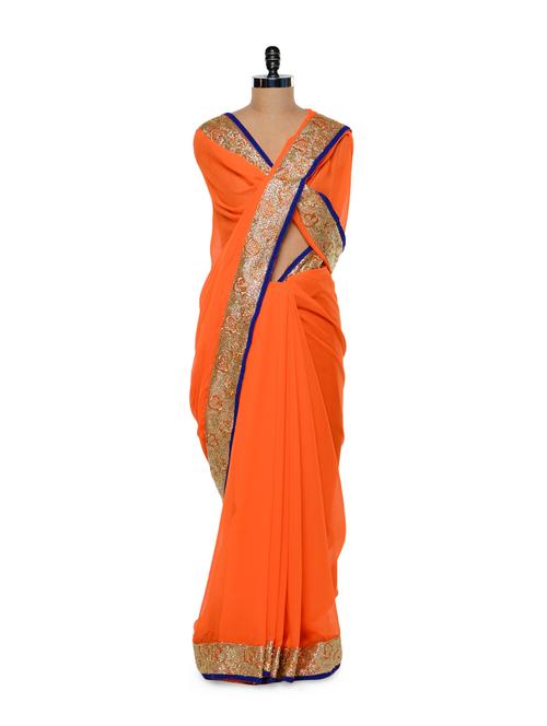 orange sequin bordered chiffon saree - 84095 - Very Small Image - 1