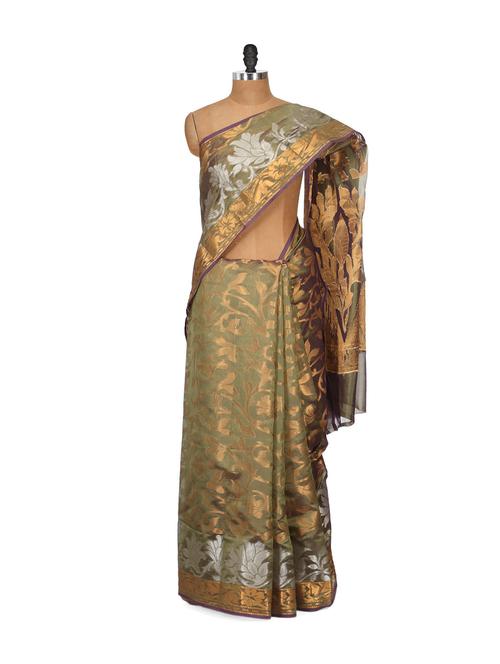 green faux cotton silk saree - 848385 - Very Small Image - 1