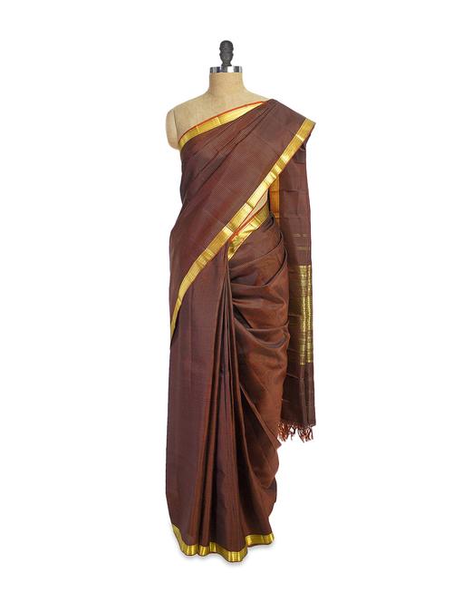 shiny brown saree with zari border - 851778 - Very Small Image - 1