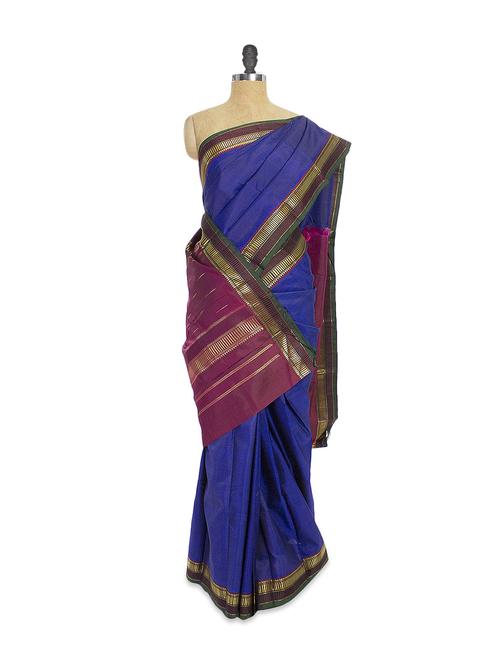 shiny blue saree with zari border - 851784 - Very Small Image - 1