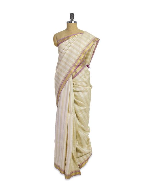 striped off-white saree with purple pallu - 851790 - Very Small Image - 1