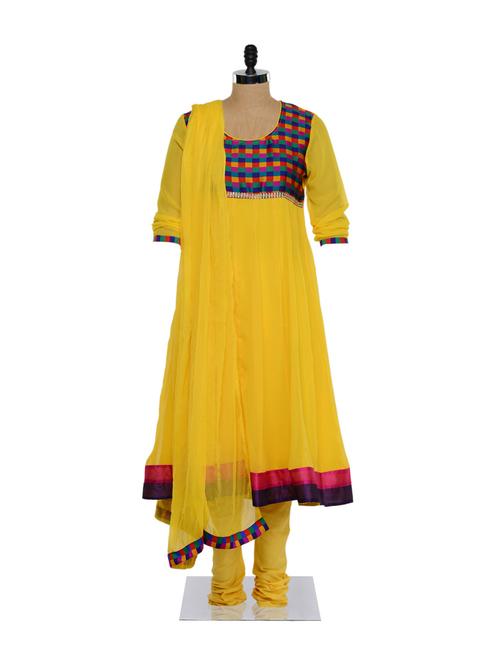 yellow anaarkali with multicoloured yoke - 85451 - Very Small Image - 1