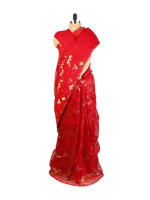 red dhakai jamdani saree - 859612 - Very Small Image - 1