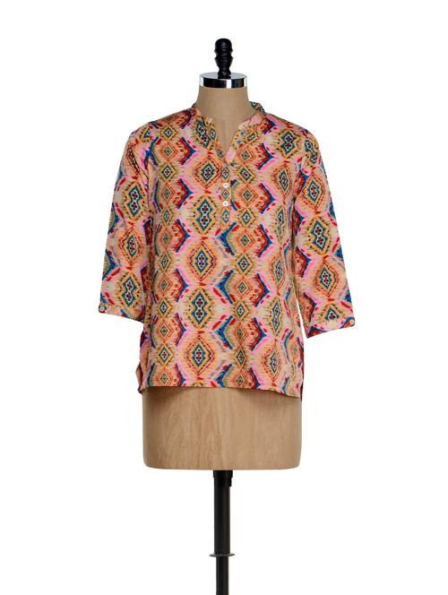 peach all over multi-coloured tribal print full-sleeved top - 865724 - Very Small Image - 1