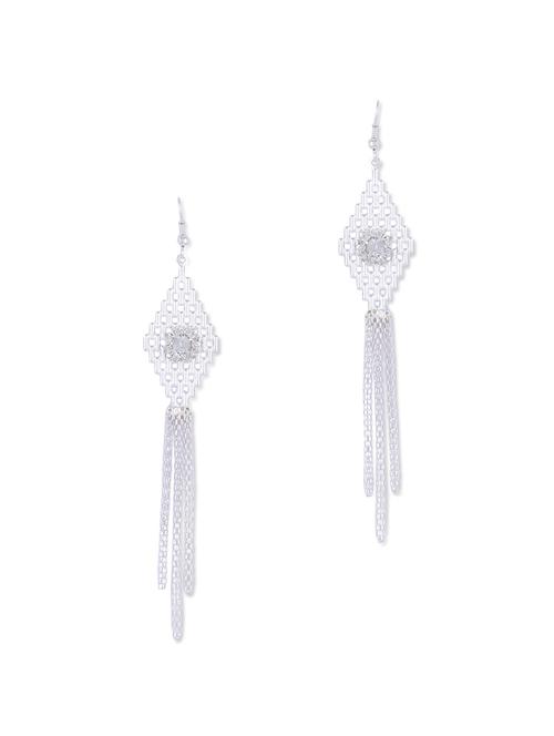 stylish crystal studded jali pattern silver chain hanging earrings - 865915 - Very Small Image - 1