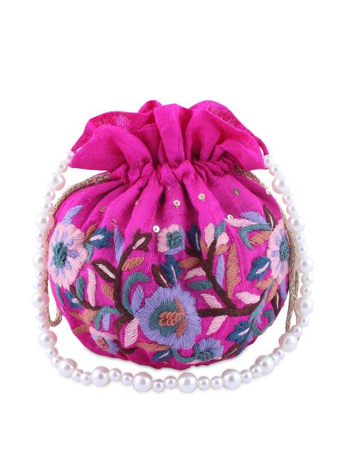 floral embroidered magenta silk potli - 866224 - Very Small Image - 1
