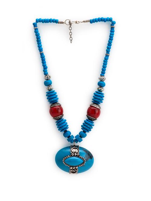 blue mixed alloy & beads necklace - 8733 - Very Small Image - 1