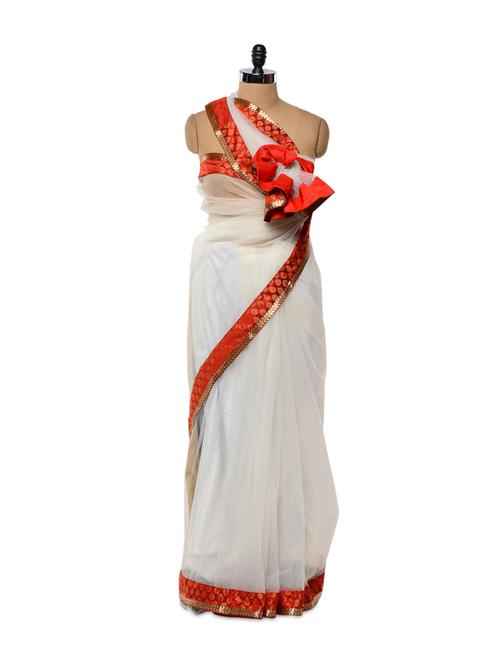 brocade and zari trimmed white net saree - 87643 - Very Small Image - 1
