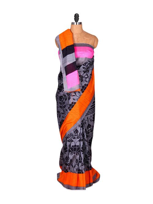 grey floral printed saree - 885925 - Very Small Image - 1