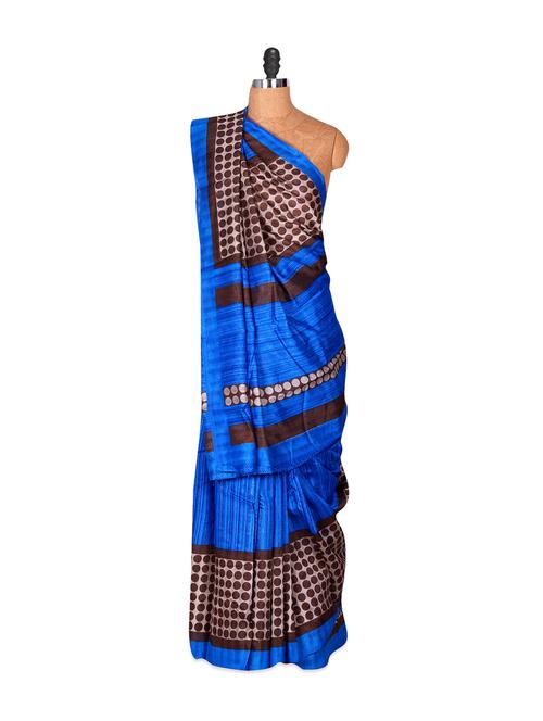 vibrant blue saree with brown polka dots - 885931 - Very Small Image - 1