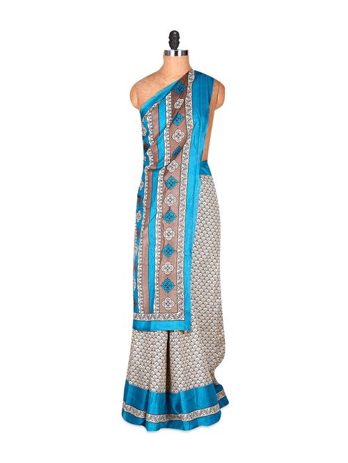 monochrome printed saree with blue border - 885975 - Very Small Image - 1