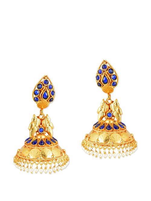 traditional gold jhumkis with blue beads - 886989 - Very Small Image - 1