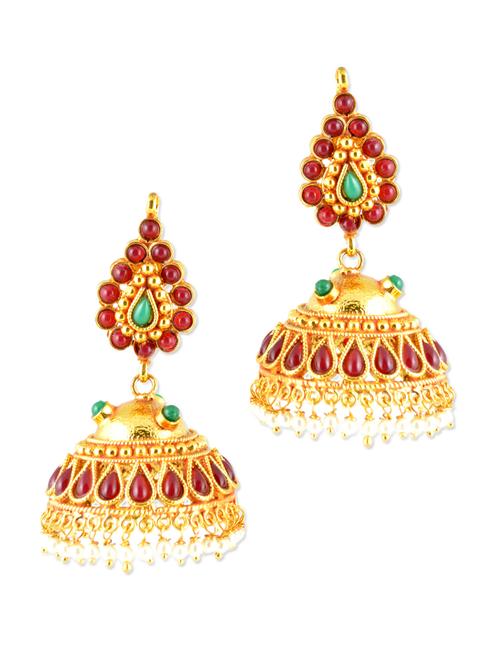 gold jhumkas with maroon beads - 887055 - Very Small Image - 1