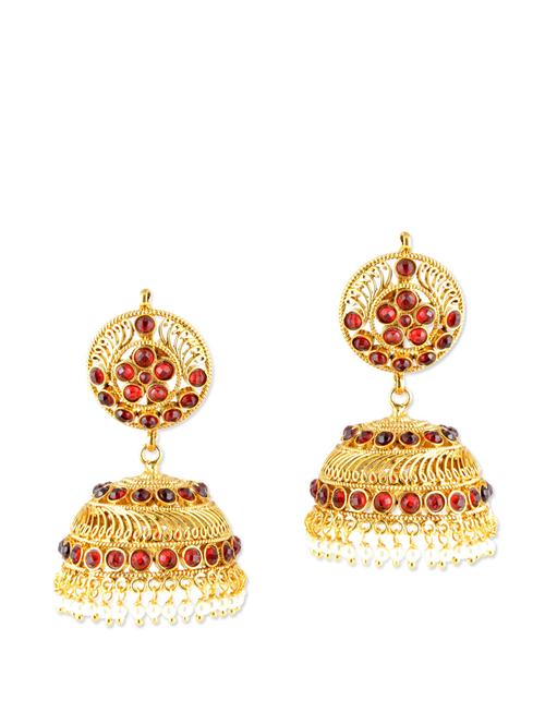 traditional gold jhumkas with red stones - 887079 - Very Small Image - 1