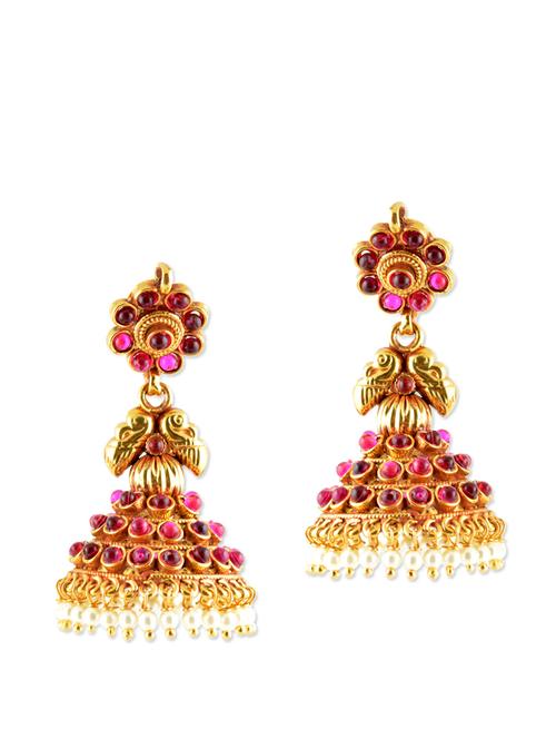 festive gold jhumkas with pink stones - 887109 - Very Small Image - 1