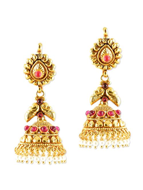 festive gold jhumkas with pink beads - 887113 - Very Small Image - 1