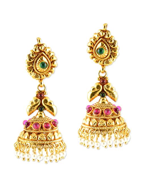 studded gold festive jhumkas - 887115 - Very Small Image - 1