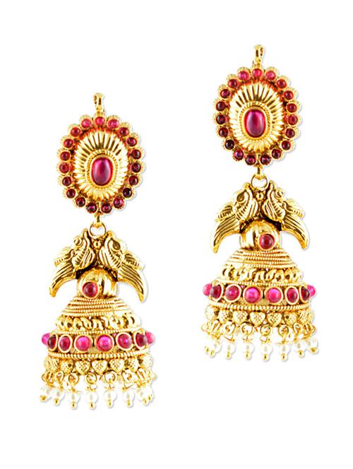 pearl drop jhumkas with magenta beads - 887127 - Very Small Image - 1