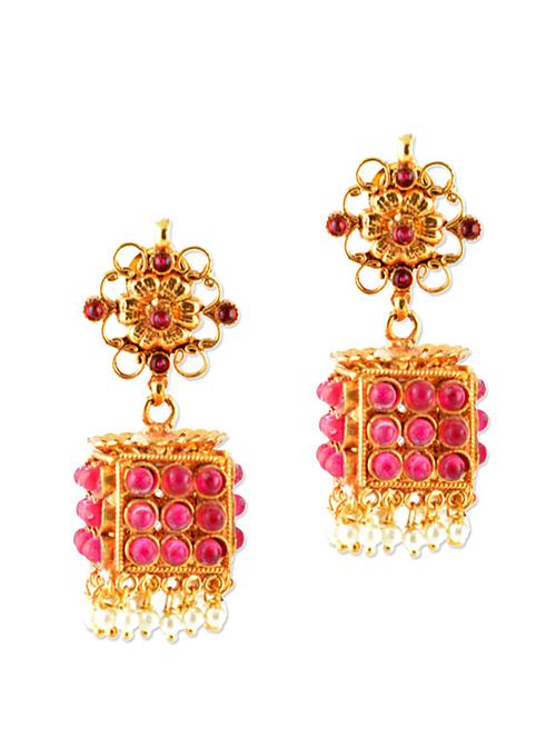 ethnic pearl drop jhumkas with square base - 887134 - Very Small Image - 1