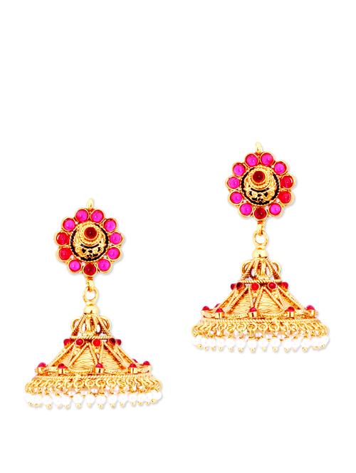 ethnic gold jhumkas with pink beads and faux pearls - 887191 - Very Small Image - 1