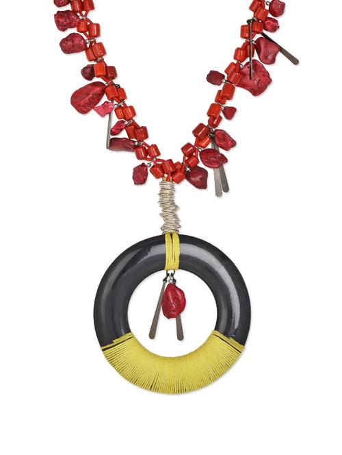 unique red strand, circular base necklace with horn, glass and mud bead embellishments - 888425 - Very Small Image - 1