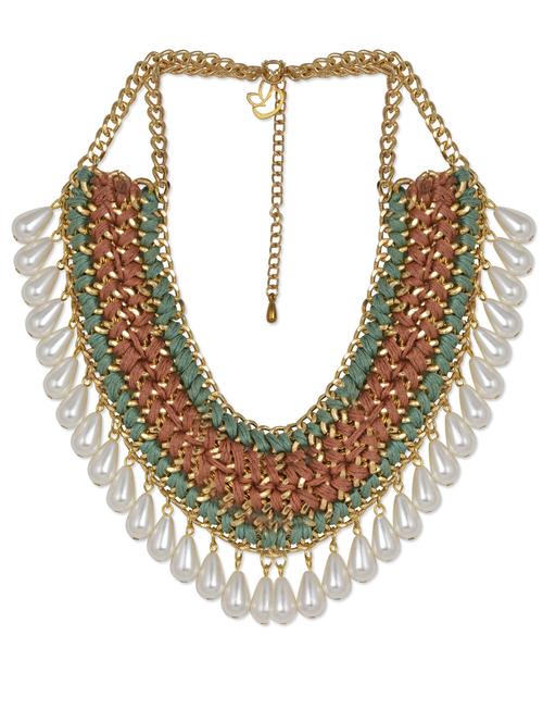 elegant zarkan work necklace with white pearls and green and rust thread work - 888431 - Very Small Image - 1