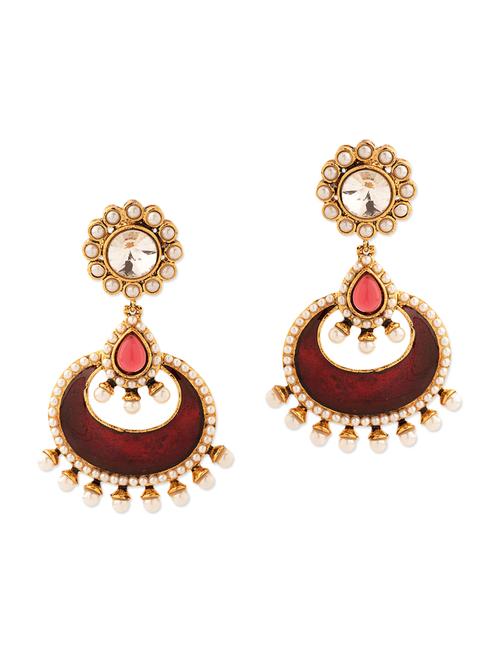 Endearing Pair Of Dangler Earrings With Pearls And Red Color Stones - 889862 - Very Small Image - 1