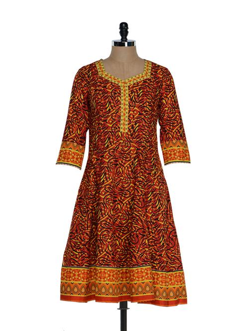 red and yellow printed flared kurta - 894084 - Very Small Image - 1