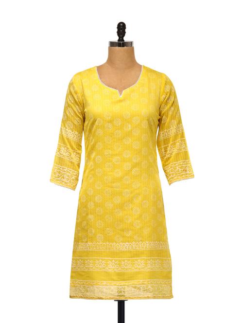 metallic print floral yellow kurti - 894224 - Very Small Image - 1