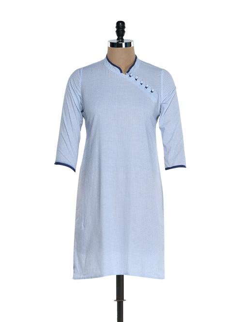 faux overlap cotton kurti with blue piping - 894357 - Very Small Image - 1