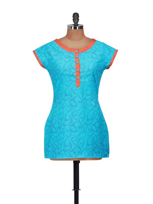 round neck turquoise printed kurti - 896455 - Very Small Image - 1