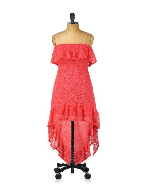 asymmetrical strapless red lacy dress - 896477 - Very Small Image - 1